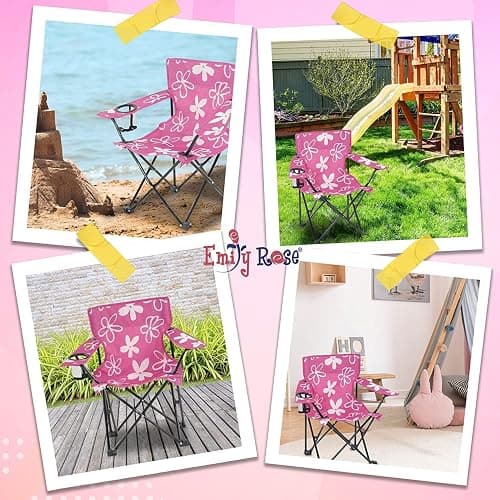Emily Rose Kids Pink Folding Beach Camp Chair with Cup Holder Safety Lock & Carry Case - Toddler Girls Chair Ages 2-7 Indoor Outdoor Lightweight Portable - Floral Design 125lb Capacity thumbnail 7