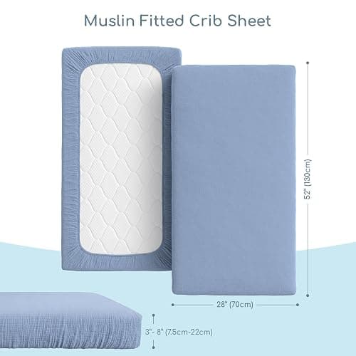 ROMY RO Muslin Crib Sheets, 100% Organic Cotton, Breathable and Ultra-Soft, Standard Crib Sheet Mattress (28"x 52") for Girls and Boys, Neutral Fitted Baby Crib Sheet (Blue) thumbnail 3