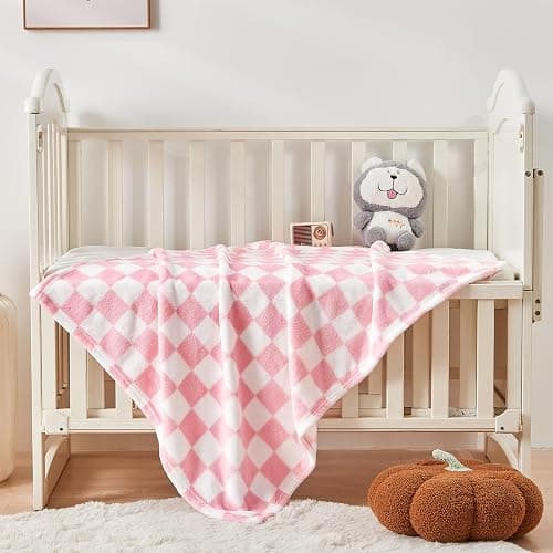 Yurhap Checkered Baby Blanket for Girls Pink Fleece Baby Blankets for Girls Boys, Warmer Comfort Lightweight Bed Blanket for Toddlers Infants or Newborn, 30''x40'', Pink thumbnail 2