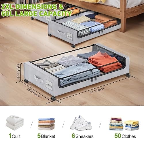 Beborxue Under Bed Storage with Wheels, 2-Pack Under the Bed Storage Containers with Lids, XXL 60L Under Bed Shoe Storage Organizer Bins, Rolling Underbed Storage for Clothes, Shoes, Blankets (Gray) thumbnail 2