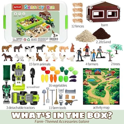 Aprilwolf 69 PCS Farm Sensory Bin Toys Playset, Sandboxes with Sand, Farmer Tractor & Farm Animals Figures Toys for Kids 3 4 5, Gifts for 6 7 Years Old Boys Girls Toddlers thumbnail 3