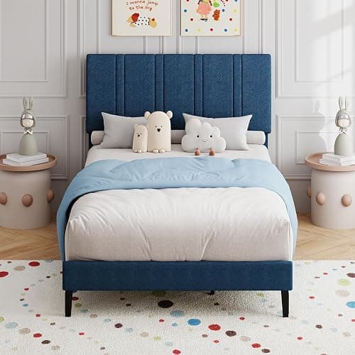 MaverickFurni Twin Bed Frame for Kids, Upholstered Platform Bed Frame with Linen Fabric headboard, Wood Slats, Modern Style, No Box Spring Needed, Easy Assembly, Blue - Image 1
