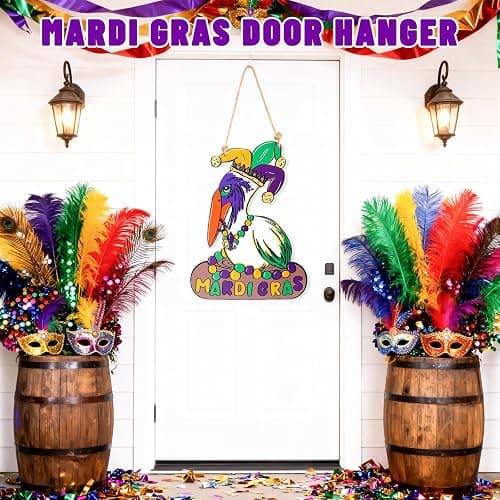 Mardi Gras Decorations, Wooden Pelican Sign for Mardi Gras Front Door Hanger, New Orleans Carnival Signs Decor Wreath Mantel Home Wall Porch for Holiday Hanging Decorations Outdoor Indoor thumbnail 2
