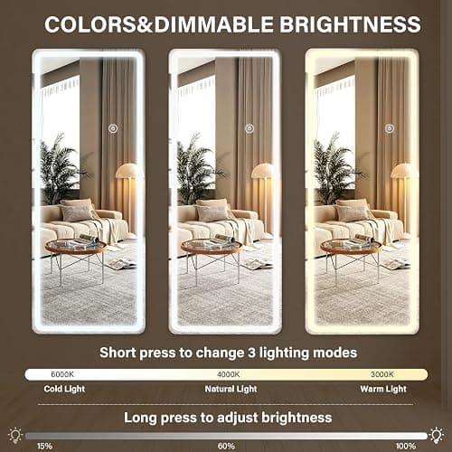 ZENOMIRRIS LED Full Length Mirror with Lights - 71"x26"Floor Standing Mirror with Rounded Corner Dimmable 3 Color Lighting, Aluminum Frame,Leaning Hanging for Bedroom Cloakroom, White thumbnail 4