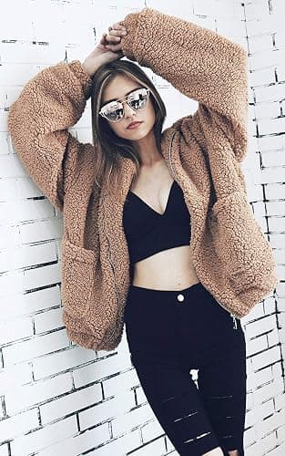 Comeon Women's Coat Casual Lapel Fleece Fuzzy Faux Shearling Zipper Coats Warm Winter Oversized Outwear Jackets thumbnail 4