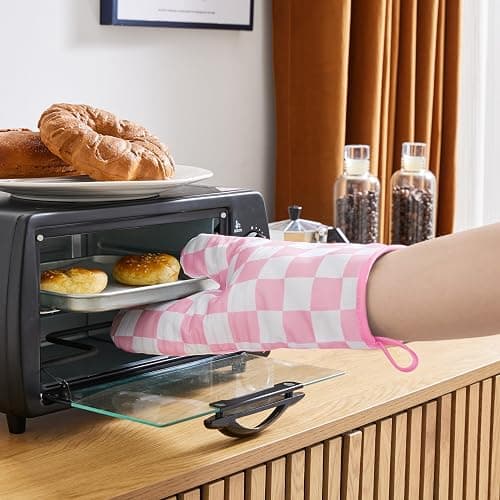 Ohocut Pink Checkered Oven Mitts Heat Resistant, Vintage Retro Checkerboard Cute Oven Mitts, Non-Slip Silicone Kitchen Gloves 1 Pair 7''x13'' thumbnail 2