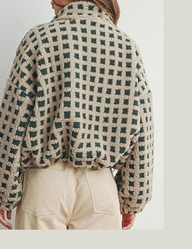 Esmeling Women’s Long Sleeve Cropped Sherpa Fleece Plaid Jacket Casual Chunky Teddy Fleece Outerwear thumbnail 3