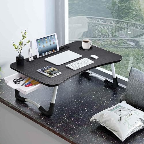 Slendor Lap Desk with Tablet Slot, Foldable Laptop Table with Storage Drawer for Bed，Portable Bed Desk for Laptop, Computer Tray with Cup Holder Notebook Stand Reading Holder for Couch Floor, Black thumbnail 2