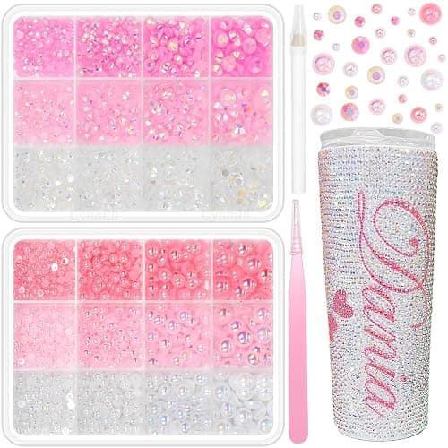 2 Boxes Pink White Flatback Pearls and Resin Rhinestones for Crafting, 3-6 mm Jelly Rhinestones, Mixed Size Half Pearl Bedazzling Gems for Nail DIY Crafts Mugs Bottles Tumblers Clothes Makeup - Image 1