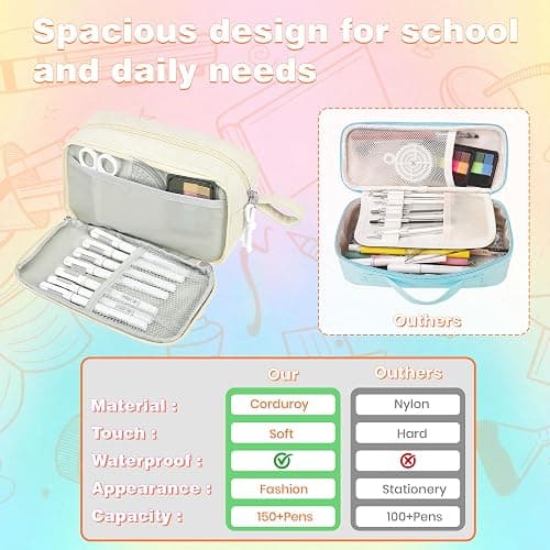 JAESITETER Big Capacity Pencil case,Soft Corduroy Pencil Bag with 3 Compartment,Pencil Pouch School Supplies Cute Pencil Box Pencil Bag for Teen Girls Boys College thumbnail 4