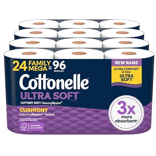 Cottonelle Ultra Soft Toilet Paper with Cushiony CleaningRipples Texture, Strong Bath Tissue, 24 Family Mega Rolls = 108 Regular Rolls (4 Packs of 6) - Image 1