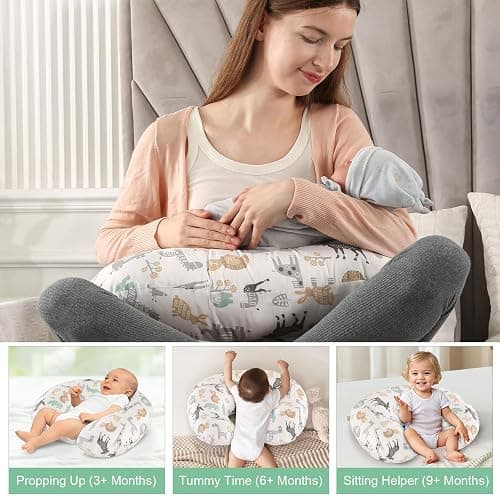 JOVELL Nursing Pillow, Ergonomic Baby Support Pillow Feeding Pillows Nursing Essentials for Bottle and Breastfeeding, Fiber Fill And Removable Cotton Breastfeeding Cover (Cute Animals, Small) thumbnail 3