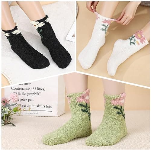 scenicamp 6 Pairs Floral Fuzzy Socks for Women Cute Cozy Plush Sleep Slipper Socks Warm Winter Sock for Christmas Birthday Gift thumbnail 2