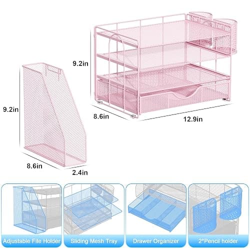 gianotter Desk Organizers and Accessories with File Holder, 4-Tier Desk Accessories & Workspace Organizers with Drawer and 2 Pen Holder, Paper Organizer for Office Supplies (Pink) thumbnail 3