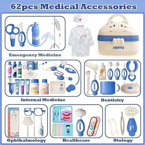 RedCrab Kids Doctors Play Set, 62PCS Cute Hippo Pretend Play Medical Kit with Clothes, Stethoscope and Carry Case,Doctor Kit for Toddlers 3-5 6-8 Boys Girls Christmas Birthday Gift (Blue) - Blue thumbnail 4