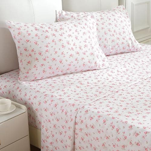 MUXHOMO Full Size 4 Piece Sheet Set, Soft Breathable Bed Sheet Set for Bedroom with Deep Pocket Up to 16", Wrinkle-Free & Cooling Bedding for Oeko-TEX Certified - Blossoms Pink thumbnail 3