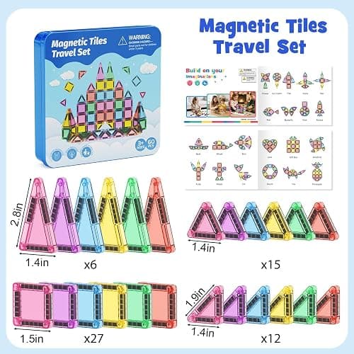 JSDKFJSA 60-Piece Mini Magnetic Tiles Set with Iron Box - Ideal Travel Puzzle Toys for Toddlers Aged 3-5, Montessori STEM Building Blocks, Educational Birthday Gift thumbnail 6