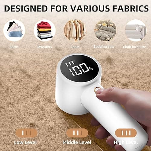 Fabric Shaver, Lint Remover Rechargeable, Electric Portable Sweater Defuzzer with 3 Speeds, 6 Leaf Blades, Digital LED Display to Remove Pilling for Clothes, Furniture, Sweater, Couch, Blanket - White thumbnail 5