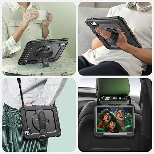 SEYMAC for iPad Pro 11 Inch Case M5 2025 / M4 2024, Heavy Duty Shockproof Protective Case with Screen Protector, 360° Rotating Stand, Hand/Shoulder Strap and Pen Holder, Black thumbnail 6