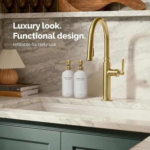 Vine Creations White Glass Soap Dispenser Set, Dish Soap and Hand Soap Dispenser Set with Stainless Steel Pump, 16 oz Glass Dispensers for Kitchen or Bathroom Decor (Matte White Bottle/Brushed Brass) thumbnail 4