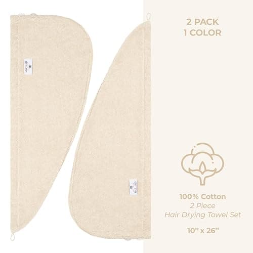 American Soft Linen 100% Cotton Hair Towels for Women, Head Towel Cap, Cotton Hair Turban Towel Wrap for Long Curly Anti Frizz Hair, Soft and Absorbent Cotton Hair Towels 2 Pack, Beige - Image 1