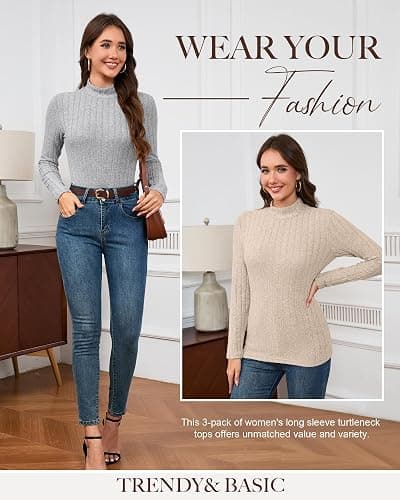 3 Pack Women's Mock Turtleneck Sweaters, Long Sleeve Ribbed Knit Tops, Fit Soft Thermal Underwear, Lightweight Fall Pullover thumbnail 4
