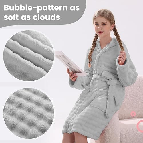 V.&GRIN Girls Hooded Towel Robe, Soft Microfiber Quick-Dry Bathrobe | Soft Bubble Texture with Super Absorbent Microfiber. For Girls 5-14 Years, Perfect After Shower, Swimming, Spa and Lounging thumbnail 3