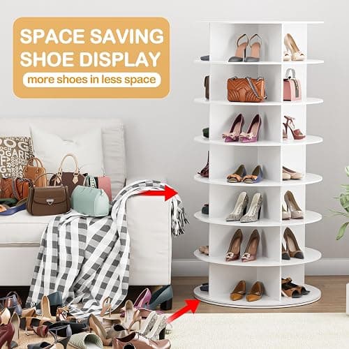 MAGIC UNION Rotating Shoe Rack Tower 7 Tier Organizer, Vertical Spinning Shoe Display Lazy Susan, Revolving 360 White Shoe Rack Storage Round Carousel, Rotate Shoes Closet Organization thumbnail 6