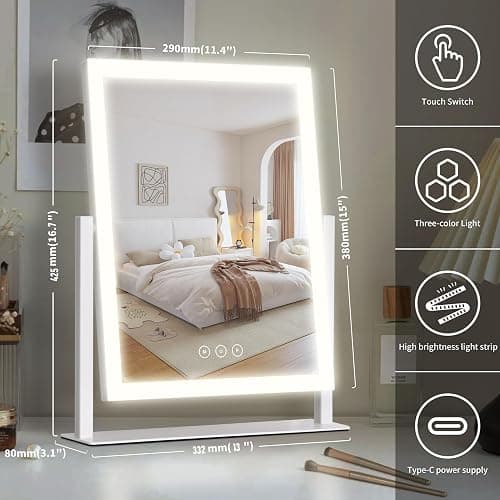 Lighted Vanity Mirror with Lights, Makeup Mirror with Light, 16.7"x 13.2",Three Color Lighting Modes and Dimmable Lighting, Smart Touch Control, 360°Rotation, for Vanity Desk Tabletop,Dressing Room thumbnail 2