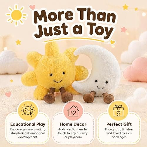 Malvjun Sun and Moon Plush Toy | 12'' Soft Smiling Stuffed Plushie Toys, Cute Decorative Throw Pillows for Kids Bedroom, Children's Birthday Holiday Gift Set thumbnail 5