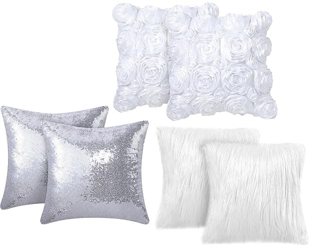 Oudain 6 Pcs Decorative 3D Rose Flower Pillow Cover, 16 x 16 Inch Faux Fur Throw Pillow Covers for Bed Square Sofa Bedroom Car(White, Silver) - Image 1