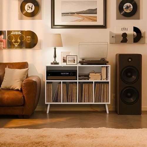 Cozy Castle Record Player Stand with Vinyl Storage Cabinet, Wood Turntable Table Open Shelf Holder Up to 350 Albums Cube Storage Organizer for Living Room, Office, White thumbnail 4