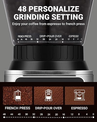 AMZCHEF Coffee Grinder Electric with LED Control Panel, Espresso Grinder with Precise 24 Grinding Sets, Burr Coffee Grinder with Portafilter Holder, Anti-Static Espresso Bean Grinder for Home, Silver thumbnail 6