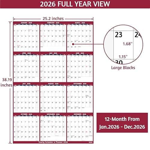 2026 Yearly Wall Calendar - Large Yearly Calendar 2026, Jan 2026 - Dec 2026, 25.2" x 38.2" (Open), 2026 Calendar, Large Wall Calendar 2026, Full Year Paper with Notes, Thicker Paper - Red thumbnail 3
