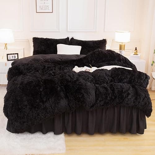 Andency Queen Comforter Set Black, Fluffy Winter Faux Fur Warm Soft Plush Bedding Comforter Set (1 Velvet Comforter & 2 Pillowcases), Fuzzy Thick Heavy Puffy Comforters Bed Set thumbnail 5