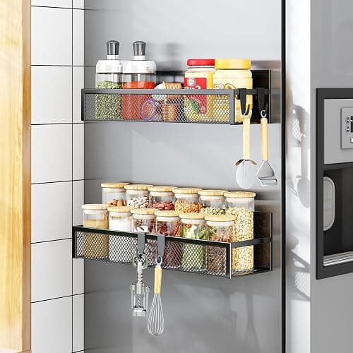 Aufworld Porte-épices magnétique pour réfrigérateur - Lot de 2 étagères magnétiques, organisateur frigo avec 4 crochets amovibles, étagère magnétique pour rangement et organisation de cuisine(2 PACK) thumbnail 8