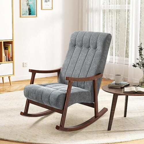 AVAWING Upholstered Rocking Chair with Fabric Padded Seat, Comfortable Rocker Solid Wood for Living Room, Modern High Back Armchair for Adult, Dark Grey thumbnail 7