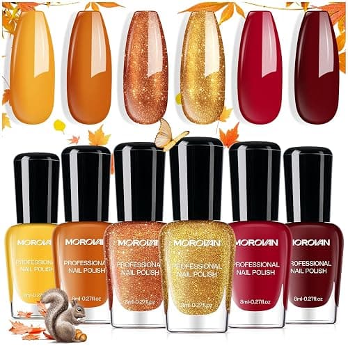 Morovan Fall Nail Polish Set: 6 Gold Maple Leaf Nail Polish Kit 2025 Glitter Autumn Fingernail Pumpkin Yellow Burnt Orange Art Quick Dry Nail Regular Mini Bulk Manicurist Women Girls Gift - Image 1