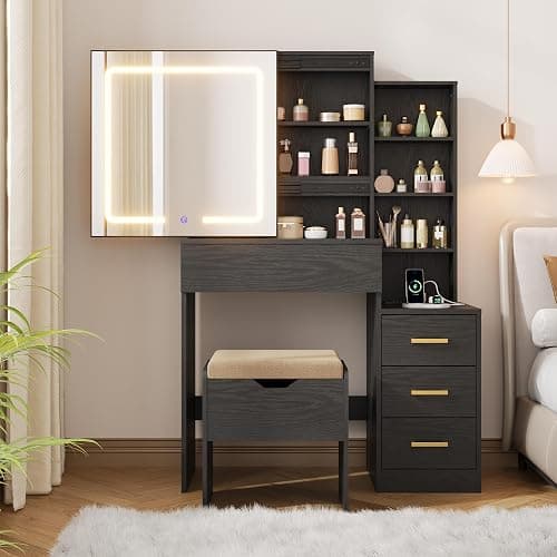 GarveeHome Makeup Vanity Desk with Sliding Mirror, Vanity Dressing Table with 3 Color Adjustable Lights, Girls Vanity Set with Stool, 4 Compact Vanity Drawers, Power Outlet, Black - Image 1