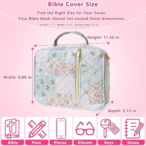 CasaRovela Bible Cover for Women, Large Quilted Case with Handle, Durable Bag and Carrying Case for Girls, Study Supplies Accessories, Christian Gift for Women (Spliced Flower, Spliced Flower) thumbnail 3