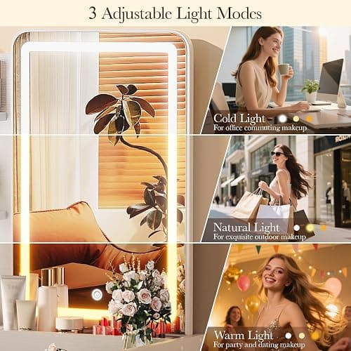 Memobarco Small Vanity Desk with Mirror and Lights, Makeup Vanity with Drawer & Storage Shelves, Vanity Desk with 3 Lighting Modes & Adjustable Brightness, Dressing Table for Women Girls Bedroom,White thumbnail 3