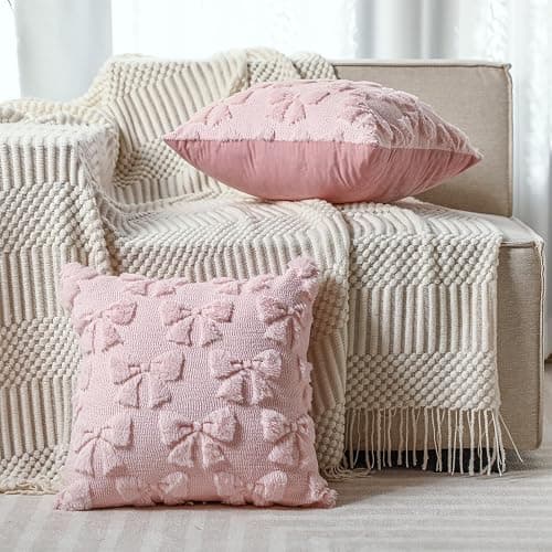 Mixweer Bow Pillow Covers Set of 2 Coquette Room Decor Cute Faux Fur Soft Bowknot Preppy Stuff Fluffy Plush Aesthetic Pillow Covers for Bed Sofa Couch, Fall Christmas Decor (18 x 18 Inch,Pink) thumbnail 7