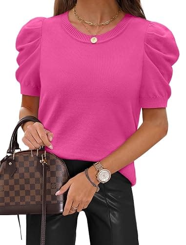 SAMPEEL Short Puff Sleeve Sweaters for Women Knit Tops 2026 Trendy Crewneck Striped T Shirts Casual Summer Blouses - Image 1
