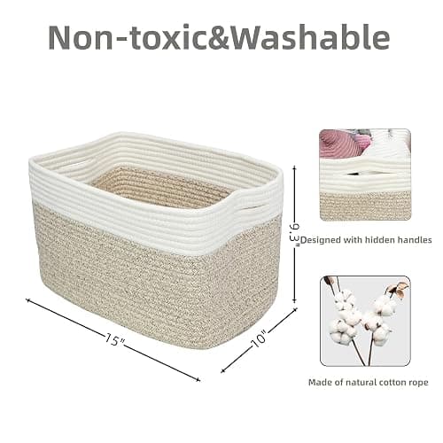 Cotton Rope storage Basket Bins Woven Basket for Organizing Shelves 15X10X9.3" Rectangle Decorative Baskets For storage Clothes Toys Books Towels Nursery basket organizer 3 pack white and brown thumbnail 3