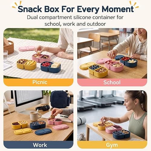 ICEROYCE 3 Pack Silicone Snack Containers for Kids, 2 Compartment Lunch Box | 8 oz Capacity, Leakproof Lid, Food Grade Silicone, Separate Compartments for School Lunch, Daycare and Travel thumbnail 7