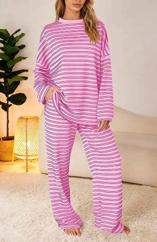 SENSERISE Womens Striped Lounge Set 2 Piece Outfit | Striped Long Sleeve Shirt, Wide Leg Pants, Pajamas Set, Crewneck, Color Block, Loose Fit, Casual Fall Airport Travel Outfit thumbnail 3