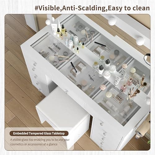 11 Drawers Vanity Desk with Power Outlet, Makeup Vanity with Mirror and 12 LED Lights, 3 Lighting Modes, Vanity Set, Glass Top, Dressing Table for Bedroom,Dressing Room, White thumbnail 6