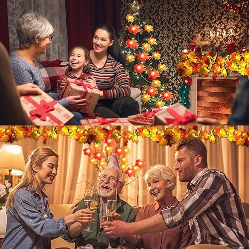 Stondino 2 Pack Christmas Leaves Garland with Lighted - 5.8Ft/Piece Fall Light Up Garland with 16.4Ft 50 LED Lights String Autumn Porch Decorations for Home - USB thumbnail 5