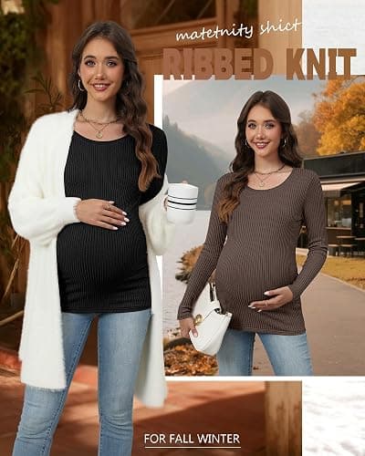 Oakgarden 4 Pack Women's Ribbed Maternity Shirts, Scoop Neck Long Sleeve Knit Pregnancy Tops Slim Basic Tee Clothes thumbnail 3