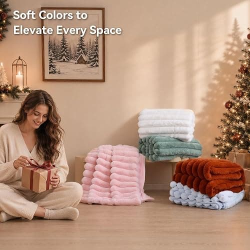 Smoofy Light Blue Fluffy Faux Rabbit Fur Striped Blanket 60"x80", 870GSM | Super Soft & Cozy Comfort Blanket, Luxury Fuzzy Fleece Throw, Perfect Home Decor For Sofa & Couch, Great Gift for Women thumbnail 8
